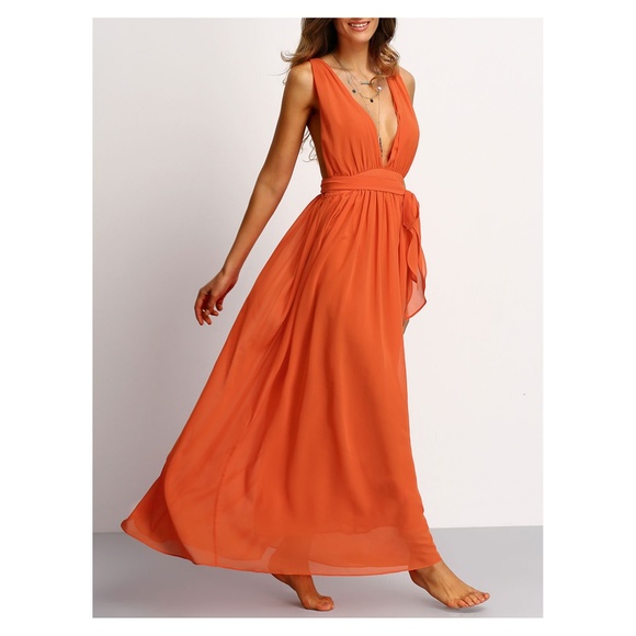Orange Plunge V Neck Tie Waist Maxi Dress - Picture 2 of 5